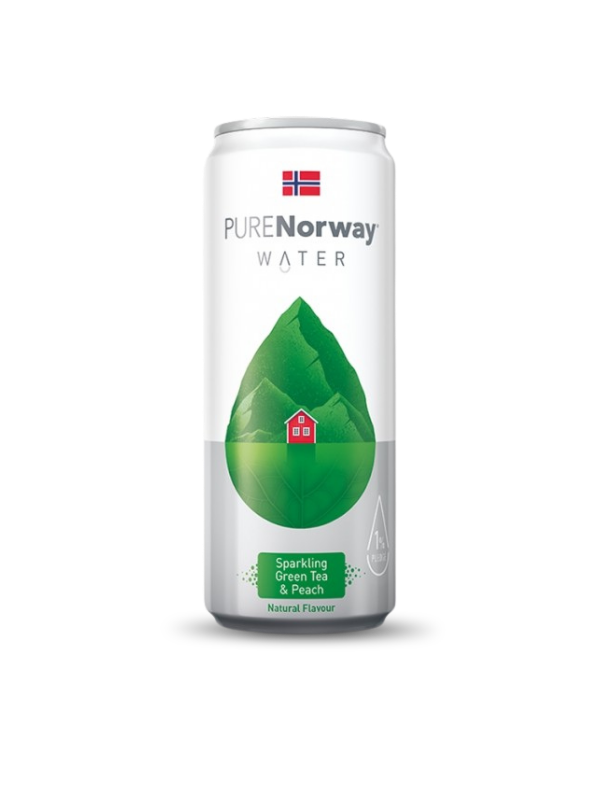 PURE Norway Zelený čaj a Broskyňa – plechovka sýtenej ochutenej pramenitej vody 330 ml